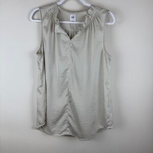 CAbi Sleeveless Ruffle V-Neck Satin Shell in Light Sage